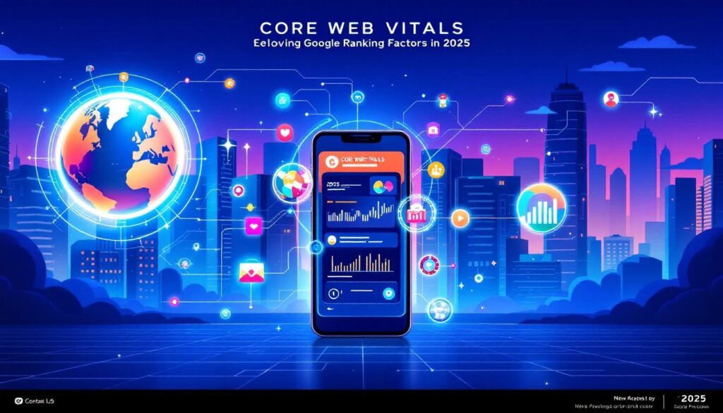 Smartfon wyświetlający wykresy i ikony znajduje się w centrum, otoczony żywą grafiką cyfrową i panoramą miasta. „Core Web Vitals: Evolving Google Ranking Factors, rankingowe in 2025” to tytuł nagłówka sceny.