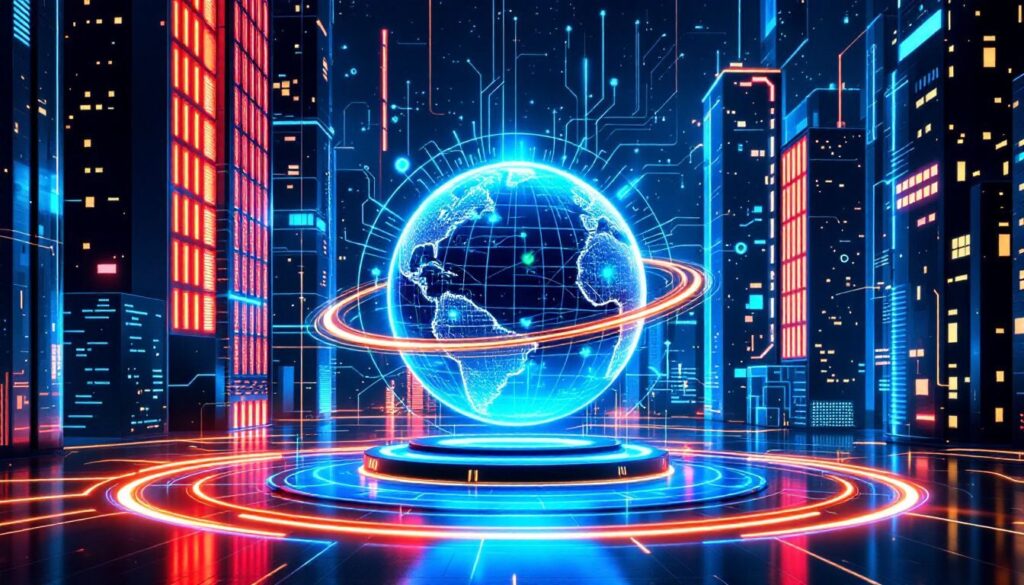 W futurystycznym krajobrazie miejskim 2025 roku świecący cyfrowy glob otoczony pierścieniami rozświetla noc. Wysokie budynki oświetlone neonami sięgają rozgwieżdżonego nieba, odzwierciedlając awangardową istotę Google i jego stale ewoluujące rankingowe w tym tętniącym życiem świecie.